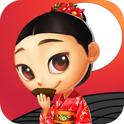 花札 PUZZLE 앱 아이콘: 붉은 기모노를 입고 카드를 든 캐릭터
